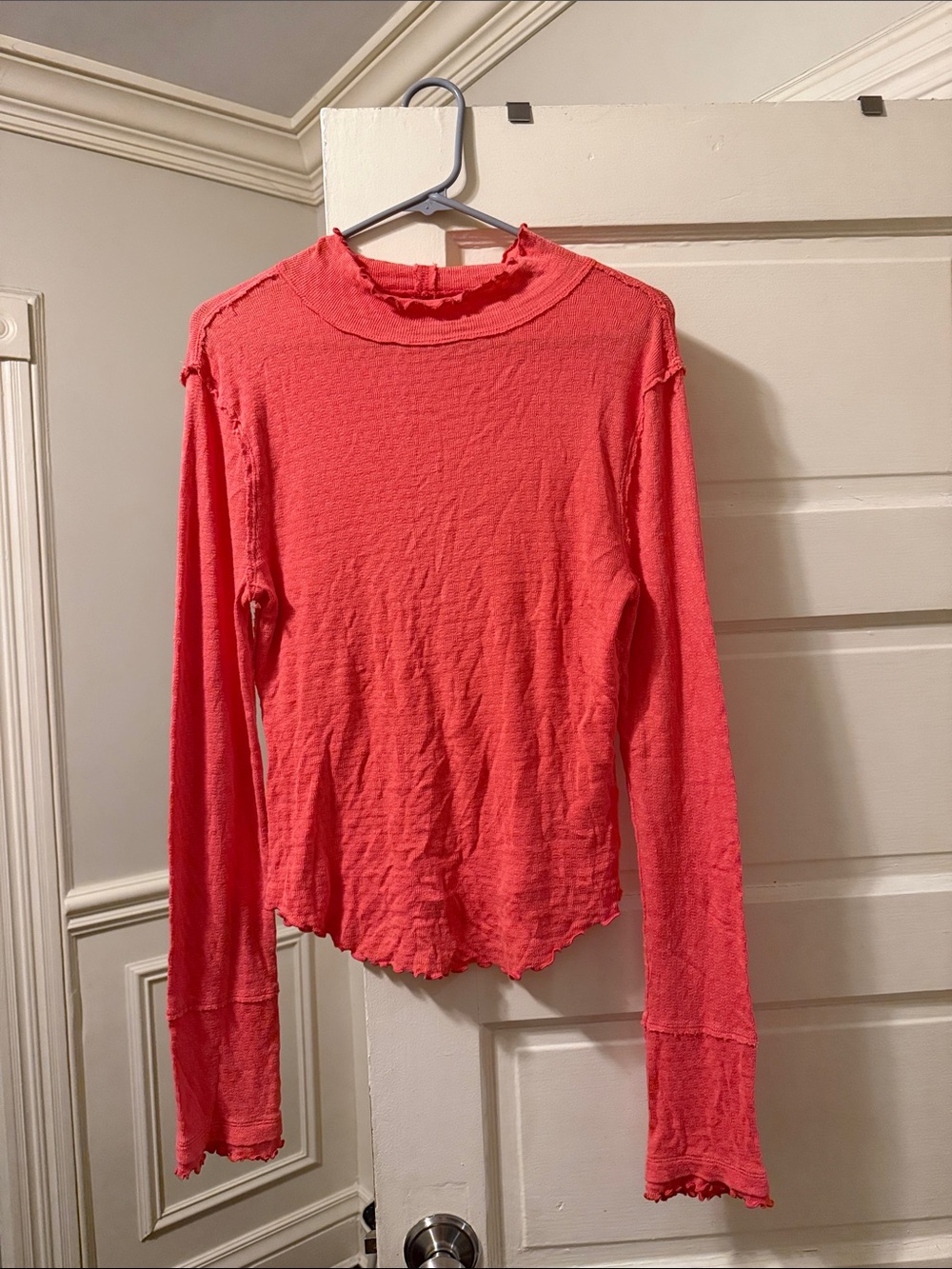 We The Free Coral Pink Long Sleeve Lettuce-Edge Top